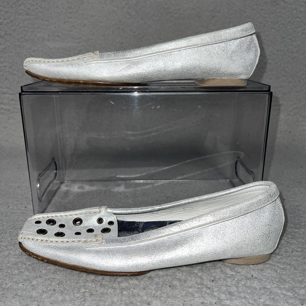 Coach Driving Loafer Women's Sz 5D Silver Metallic Monogram Slip On Flat Shoes
